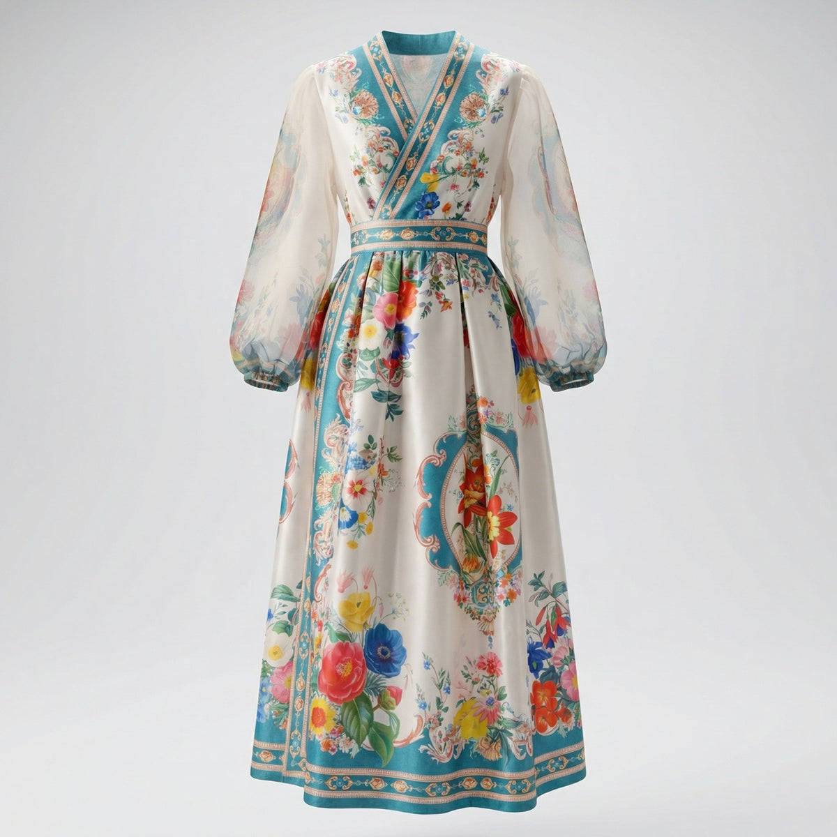 Jessica Floral Wrap Maxi Dress in four colors: blue, orange, pink, and teal, featuring sheer sleeves and floral patterns.