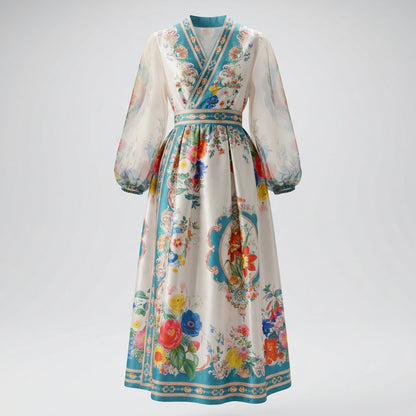Jessica Floral Wrap Maxi Dress in four colors: blue, orange, pink, and teal, featuring sheer sleeves and floral patterns.