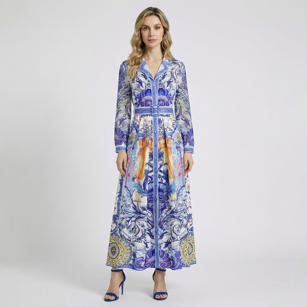 Front view of Joan 130cm long sleeve maxi dress in azure blue and gold baroque pattern.