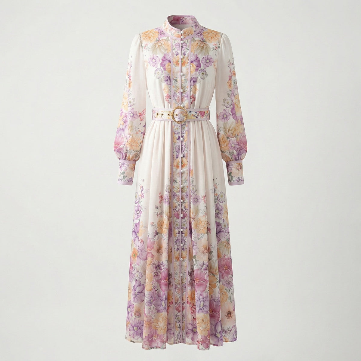 Close up detail of the Jolina lavender floral dress showing the pearl buttons and gold buckle belt.