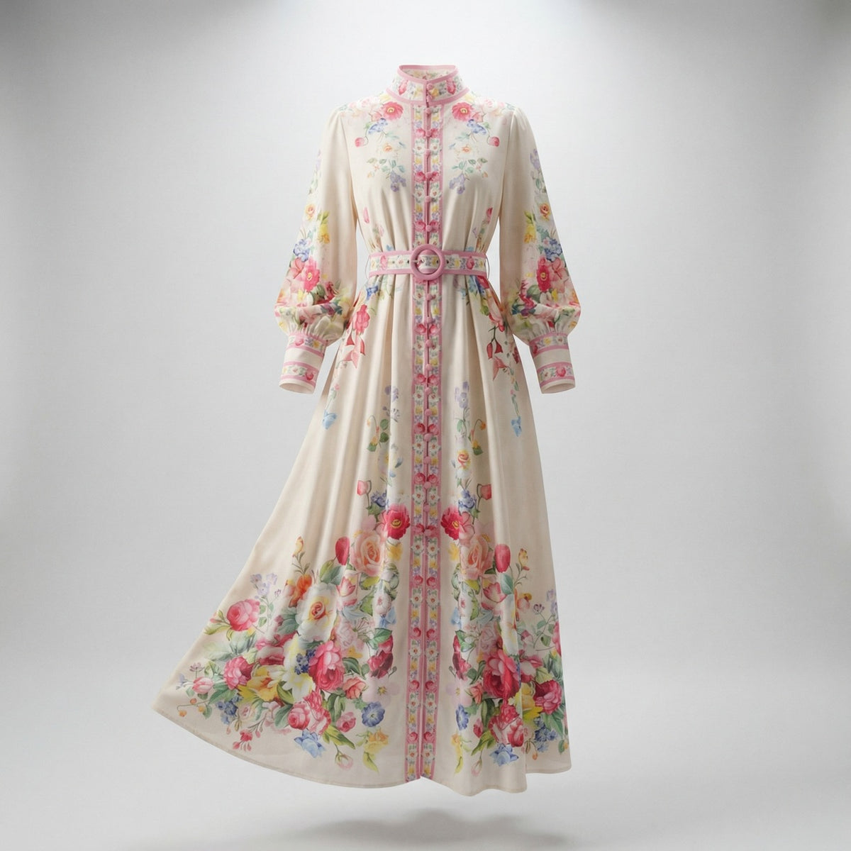 Full-length view of the Kate Floral Garden Maxi Dress in cream with pink rose print, featuring lantern sleeves and a matching belt.