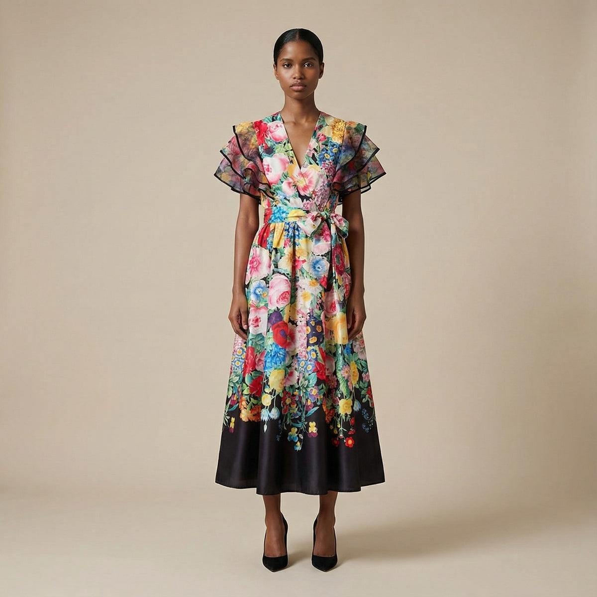 The Kellie maxi dress in black featuring a side-pleated accordion skirt with an orange ombré transition and a matching waist belt.