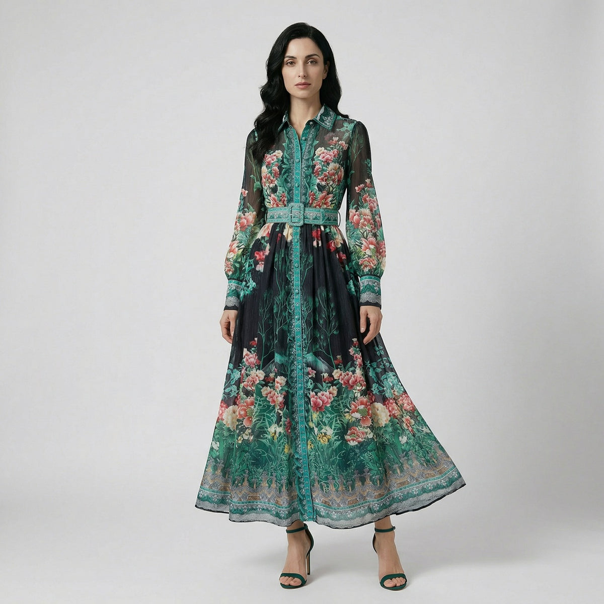 Woman wearing the Lea Maxi Dress, a 140cm (55 inch) floor-length flowy gown in black.