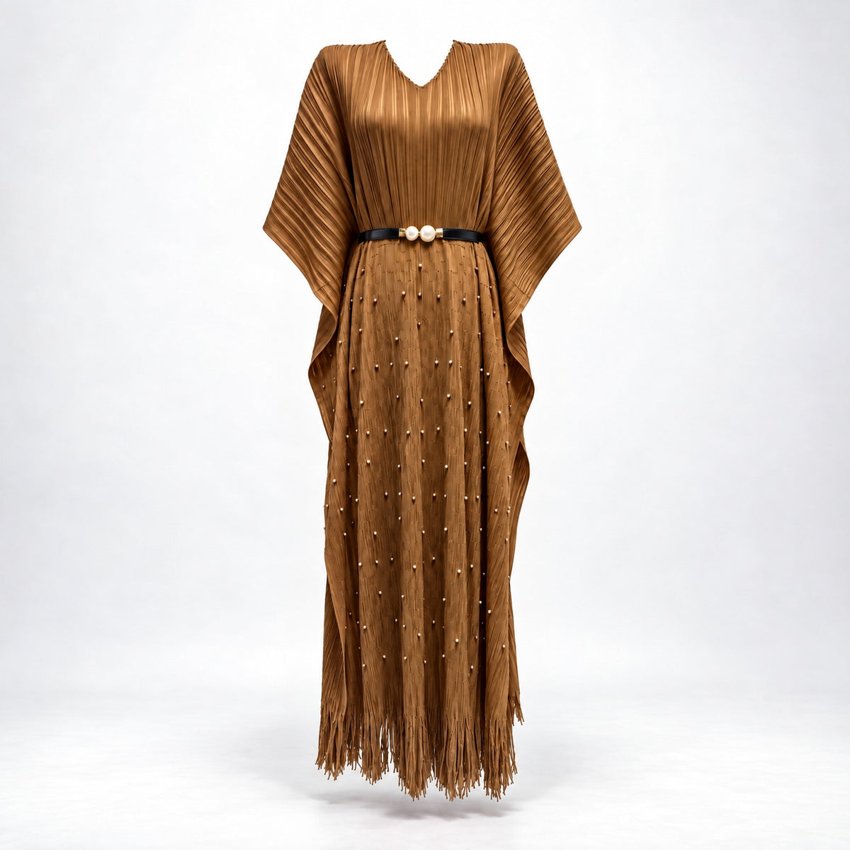 Lina camel brown pleated loose fit kaftan dress with pearl accents
