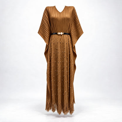 Lina camel brown pleated loose fit kaftan dress with pearl accents