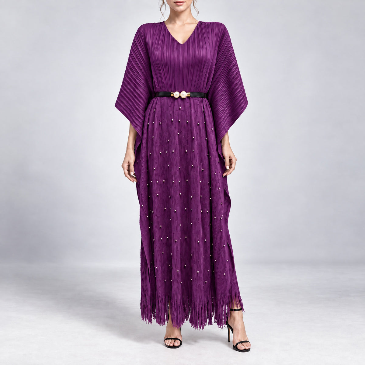 Lina deep purple pleated kaftan maxi dress featuring pearls and fringe trim