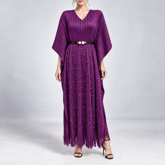 Lina deep purple pleated kaftan maxi dress featuring pearls and fringe trim