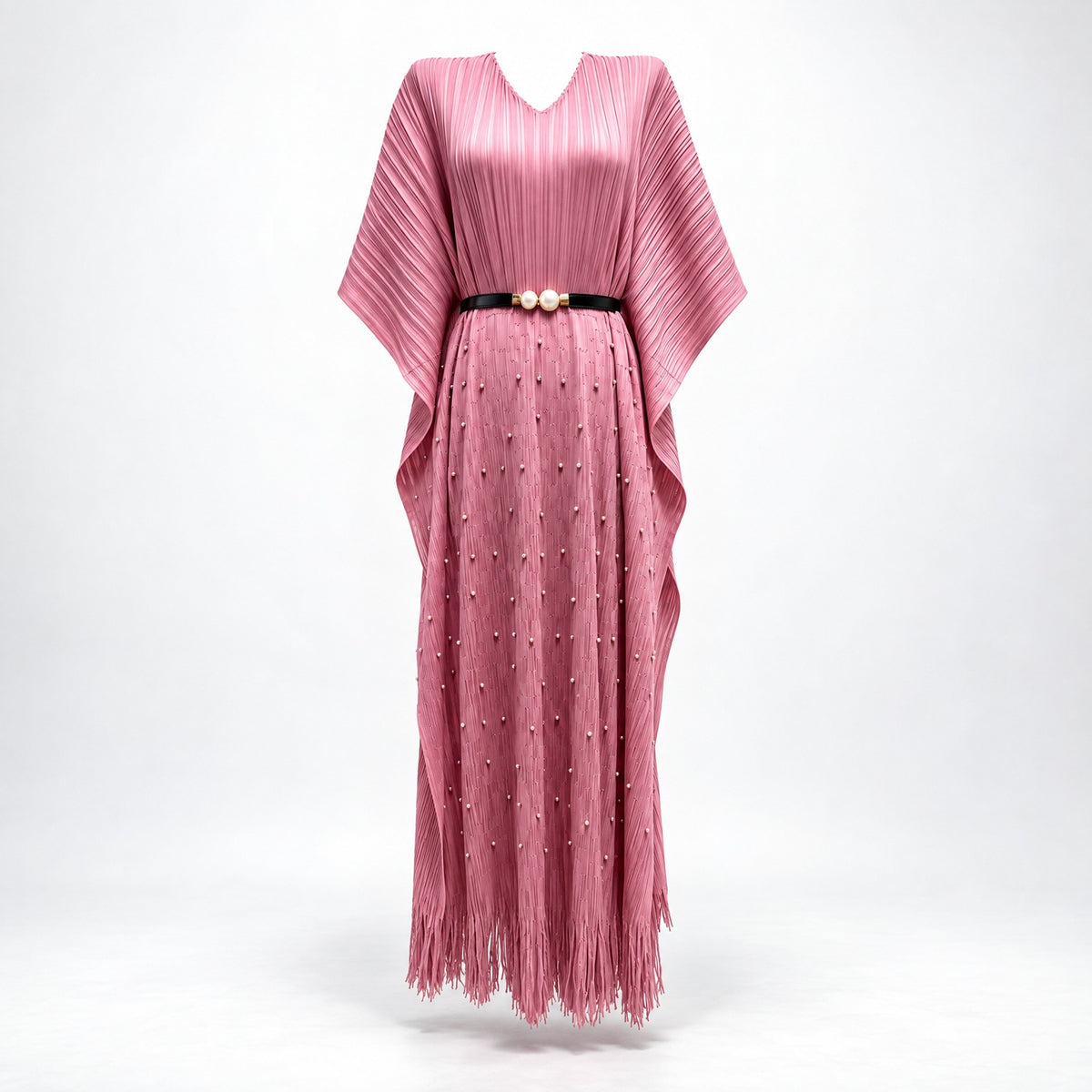 Lina pleated modesty kaftan gown in dusty rose pink featuring scatter pearl details