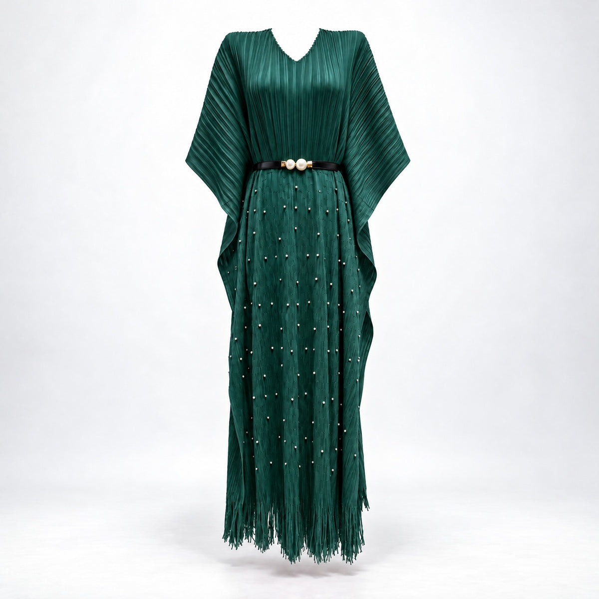 Lina emerald green pleated kaftan dress with wide batwing sleeves and pearl belt