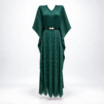 Lina emerald green pleated kaftan dress with wide batwing sleeves and pearl belt