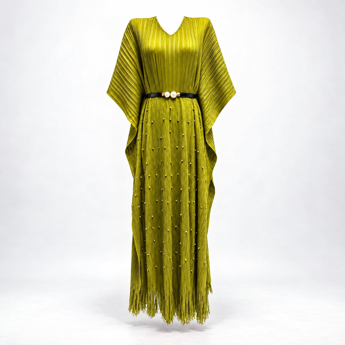 Lina olive green micro pleated kaftan maxi gown with pearl waist cinch belt
