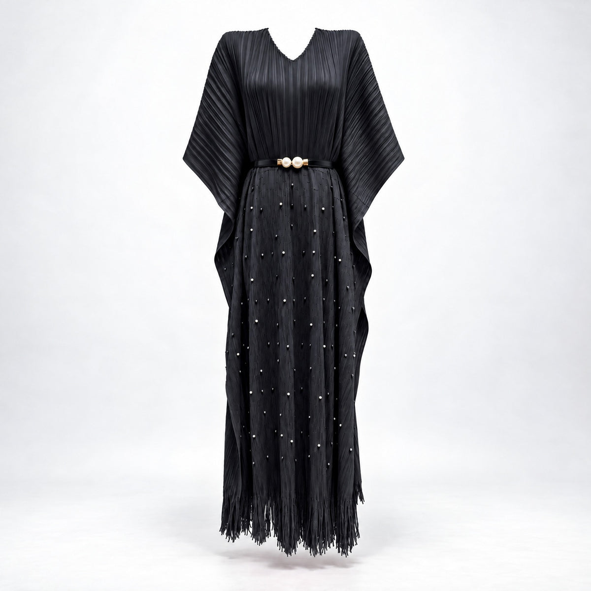 Lina black pleated kaftan dress embellished with white pearls and fringe detail