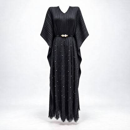 Lina black pleated kaftan dress embellished with white pearls and fringe detail