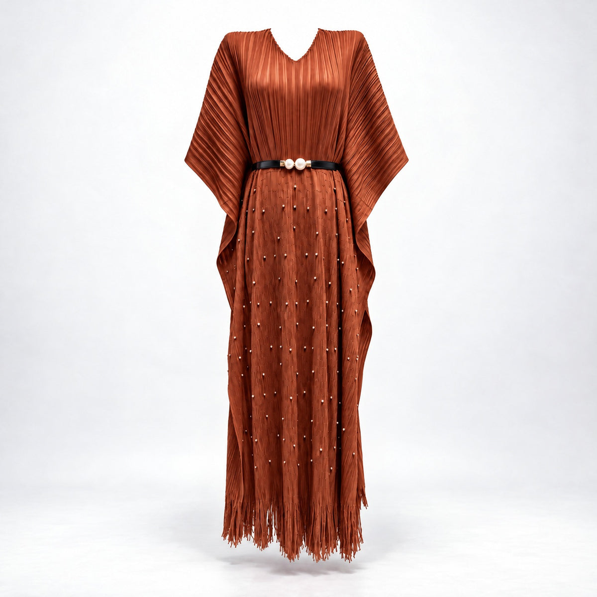 Lina rust brown pleated kaftan evening dress with pearl embellishments and fringe
