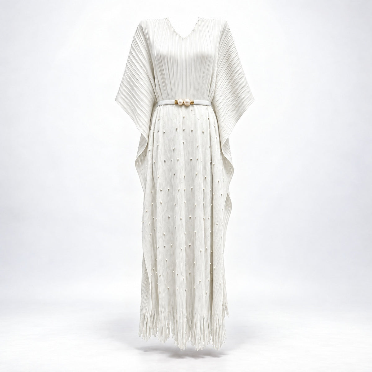 Lina pleated pearl kaftan maxi dress in pure white with fringe hem and waist belt