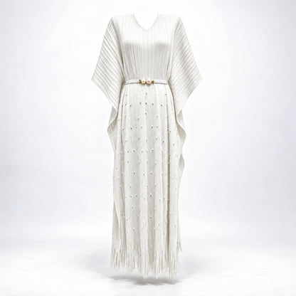 Lina pleated pearl kaftan maxi dress in pure white with fringe hem and waist belt