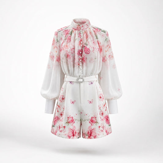 airy and delicate sheer pink chiffon blouse from the Linda Set, showcasing covered front loop buttons and a soft watercolor butterfly and floral pattern.