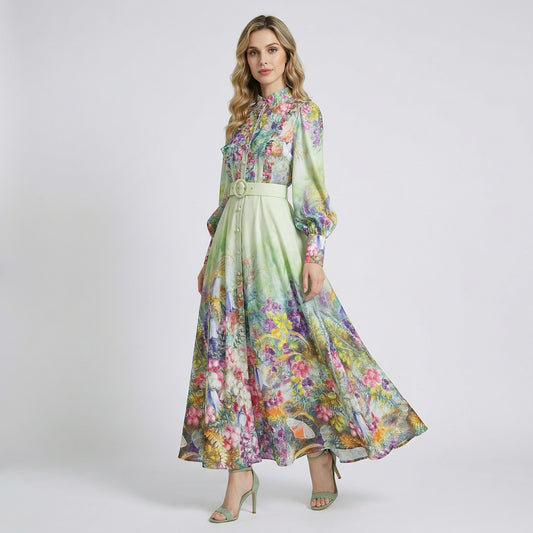 Full-length view of the Lori Floral Ruffled Maxi Dress in sage green with purple and pink botanical print, featuring a matching belt and lantern sleeves.