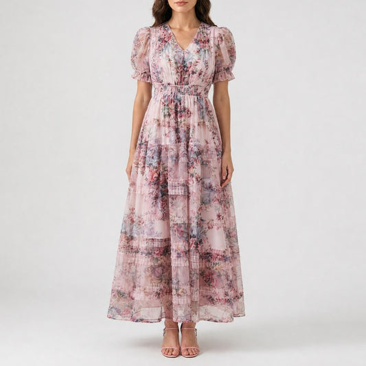 Luca floral pink maxi dress with puff sleeves, V-neck, empire waist and flowy tiered skirt for spring and summer.