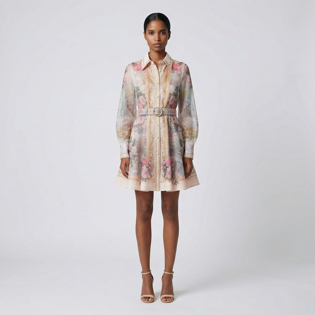 Front view of the Lumi Mini Dress featuring a pink rose and gold baroque print on white chiffon with a gold buckle belt.