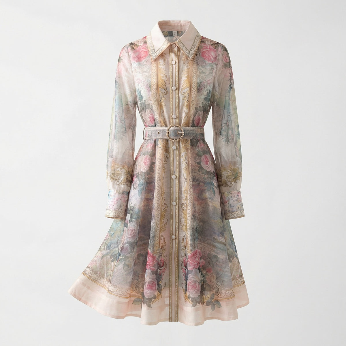 Front view of the Lumi Mini Dress featuring a pink rose and gold baroque print on white chiffon with a gold buckle belt.