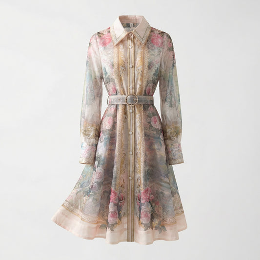 Front view of the Lumi Mini Dress featuring a pink rose and gold baroque print on white chiffon with a gold buckle belt.