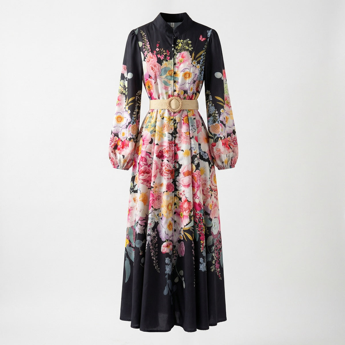 Lumi floral print maxi dress in white and black featuring long lantern sleeves, high neck, and woven waist belt, 140cm length.
