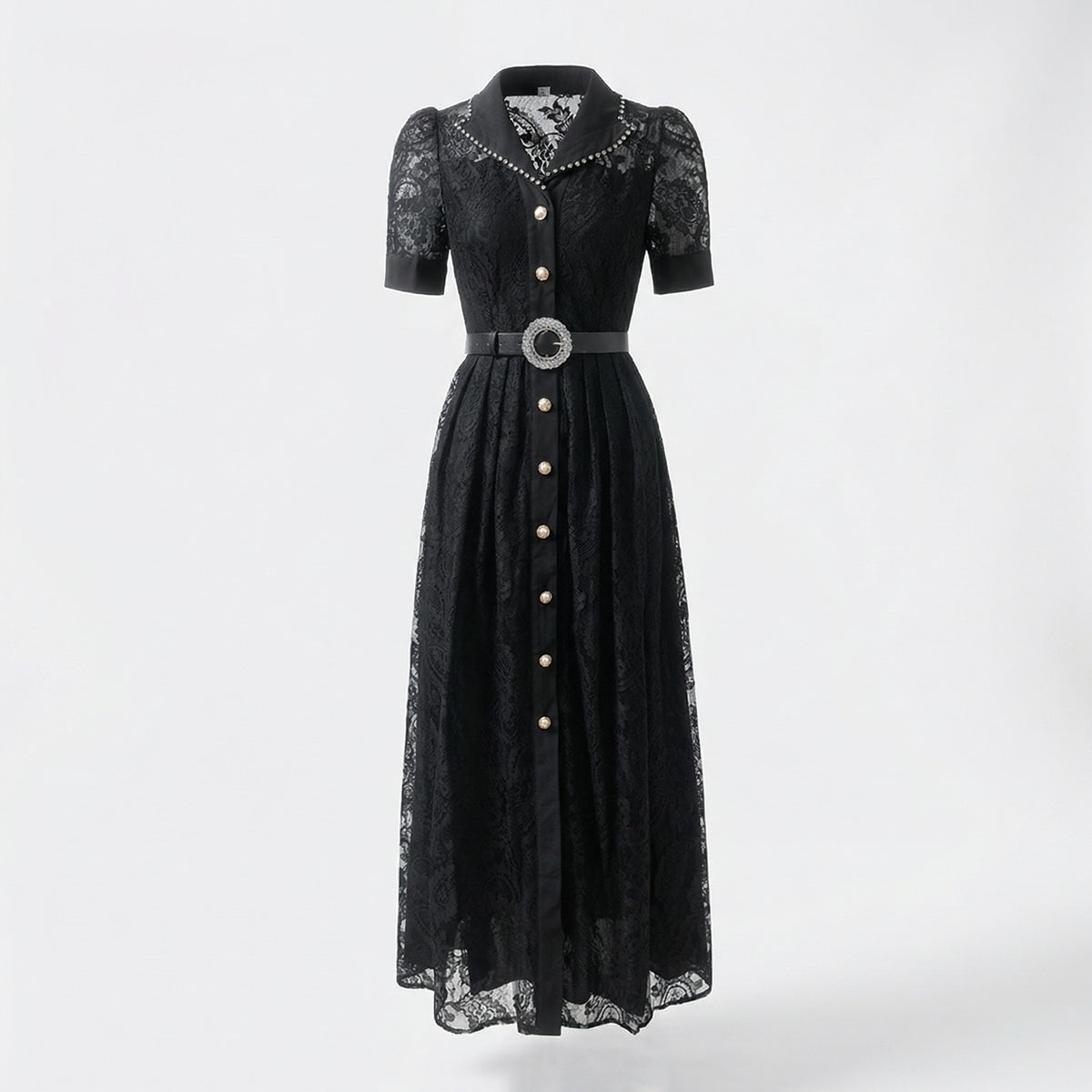 Front and back view of the Luna lace maxi dress in black and white featuring a button-down front and crystal-encrusted belt.