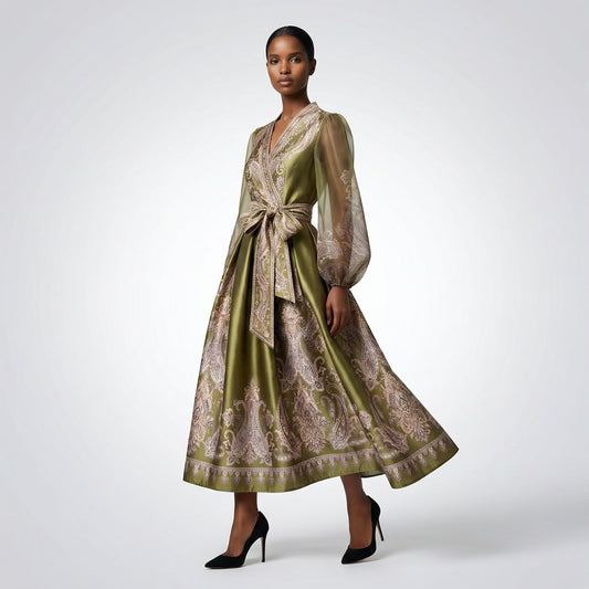 Long-sleeved olive green paisley print maxi dress with a wrap waist and sheer sleeves laid flat.