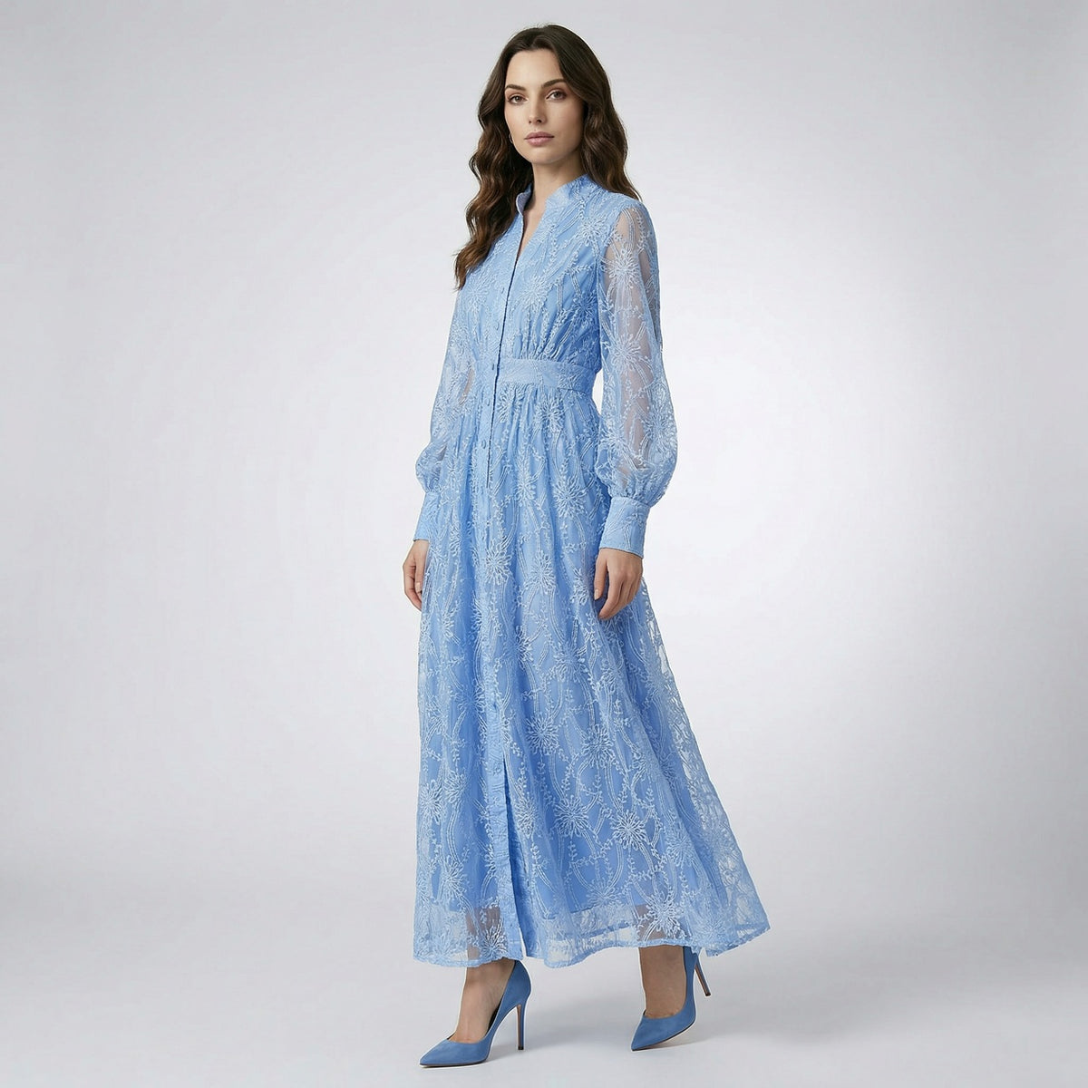Manar 135cm maxi dress in black, blue, and white featuring floral embroidery and lantern sleeves.
