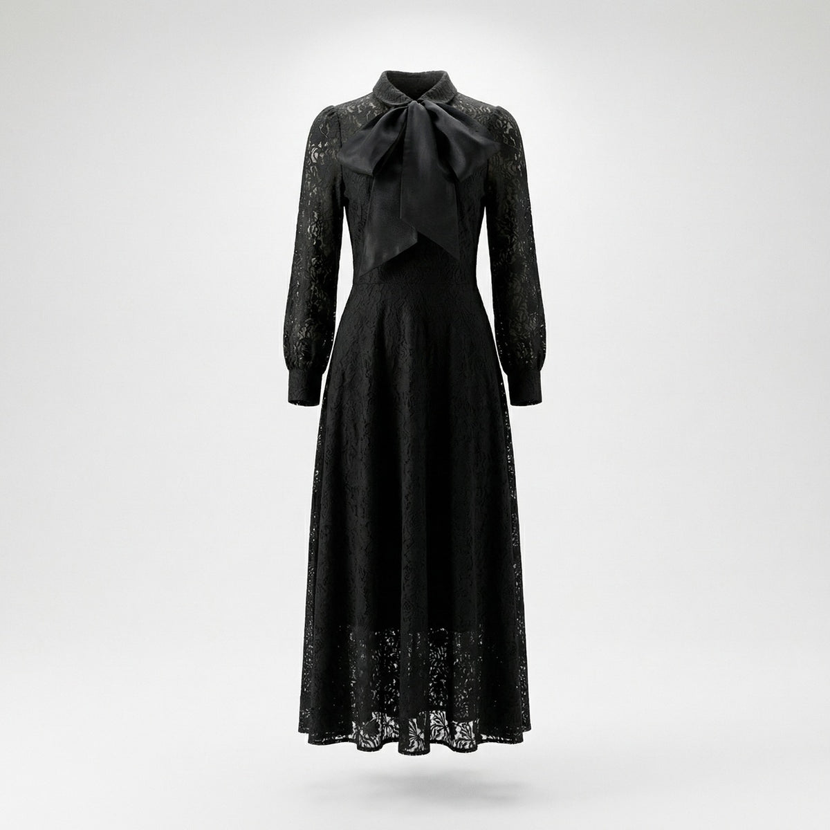 Manar long sleeve floral lace maxi dress with oversized satin pussy bow necktie in black, crimson red, and ivory cream.