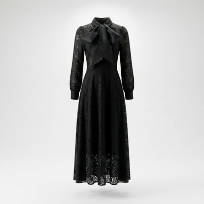 Manar long sleeve floral lace maxi dress with oversized satin pussy bow necktie in black, crimson red, and ivory cream.