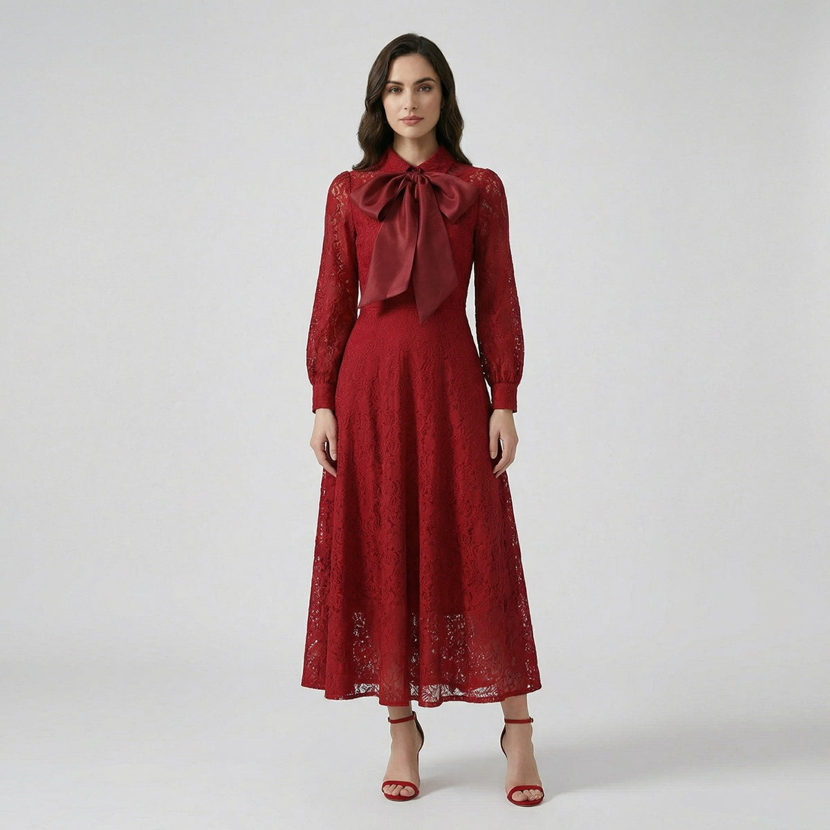 Manar long sleeve floral lace maxi dress with oversized satin pussy bow necktie in black, crimson red, and ivory cream.