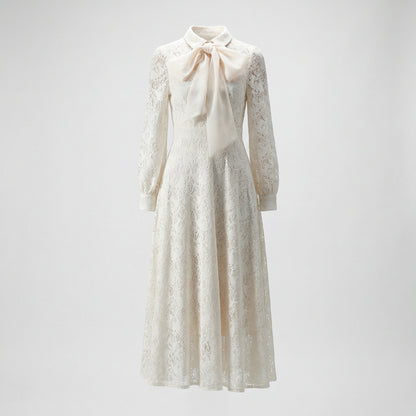 Manar long sleeve floral lace maxi dress with oversized satin pussy bow necktie in black, crimson red, and ivory cream.