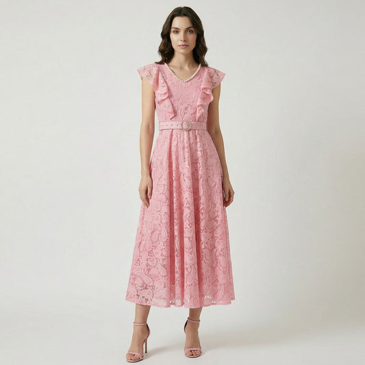 Full-length view of the Mara serene blue lace maxi dress with vintage gold buckle belt.