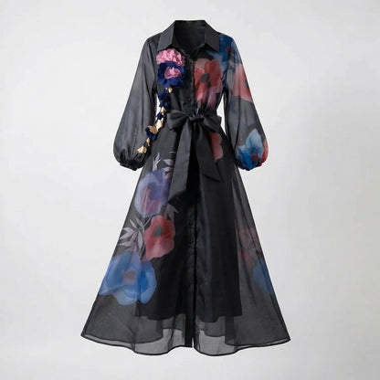 Mariam long sleeve floral organza maxi dress in black and white with 3D flower details and waist tie.