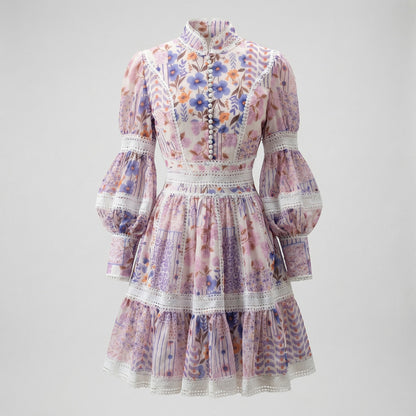 Marina Mini Dress in Lavender Bloom floral print with tiered ruffle skirt.