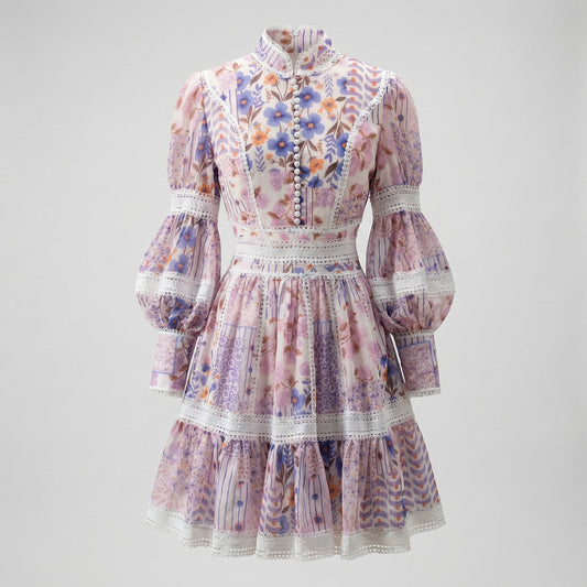 Marina Mini Dress in Lavender Bloom floral print with tiered ruffle skirt.