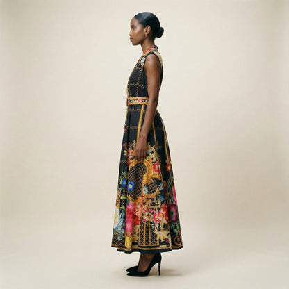 A model wearing the Martine black long-sleeved ribbed knit maxi dress featuring a side-pleated accordion skirt panel.