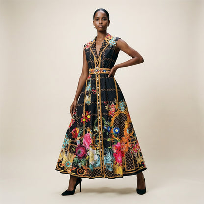 A model wearing the Martine black long-sleeved ribbed knit maxi dress featuring a side-pleated accordion skirt panel.