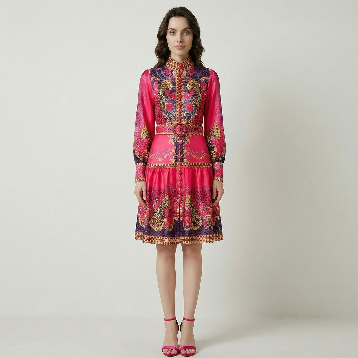 Front view of Michelle hot pink mini dress with baroque leopard print, mandarin collar, and belted waist.