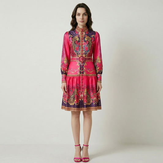 Front view of Michelle hot pink mini dress with baroque leopard print, mandarin collar, and belted waist.