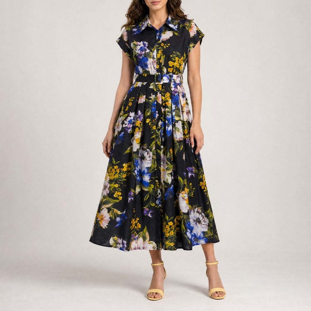 Mindy floral midi shirt dress with belted waist available in white floral and black floral colors
