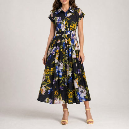 Mindy floral midi shirt dress with belted waist available in white floral and black floral colors