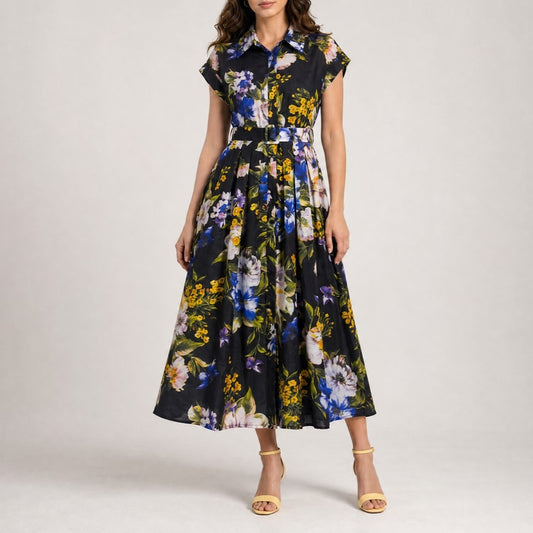 Mindy floral midi shirt dress with belted waist available in white floral and black floral colors