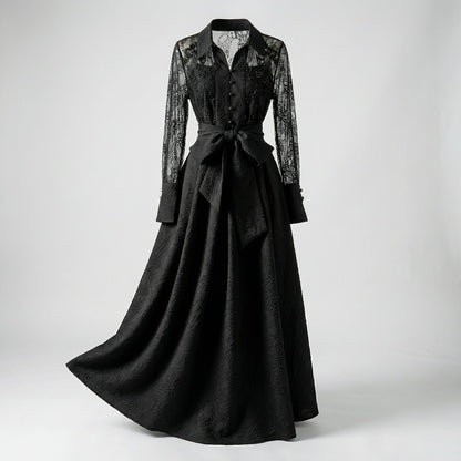 Full-length view of Monika 140cm maxi dress featuring sheer lace sleeves and textured wood-grain jacquard fabric in black and cream.