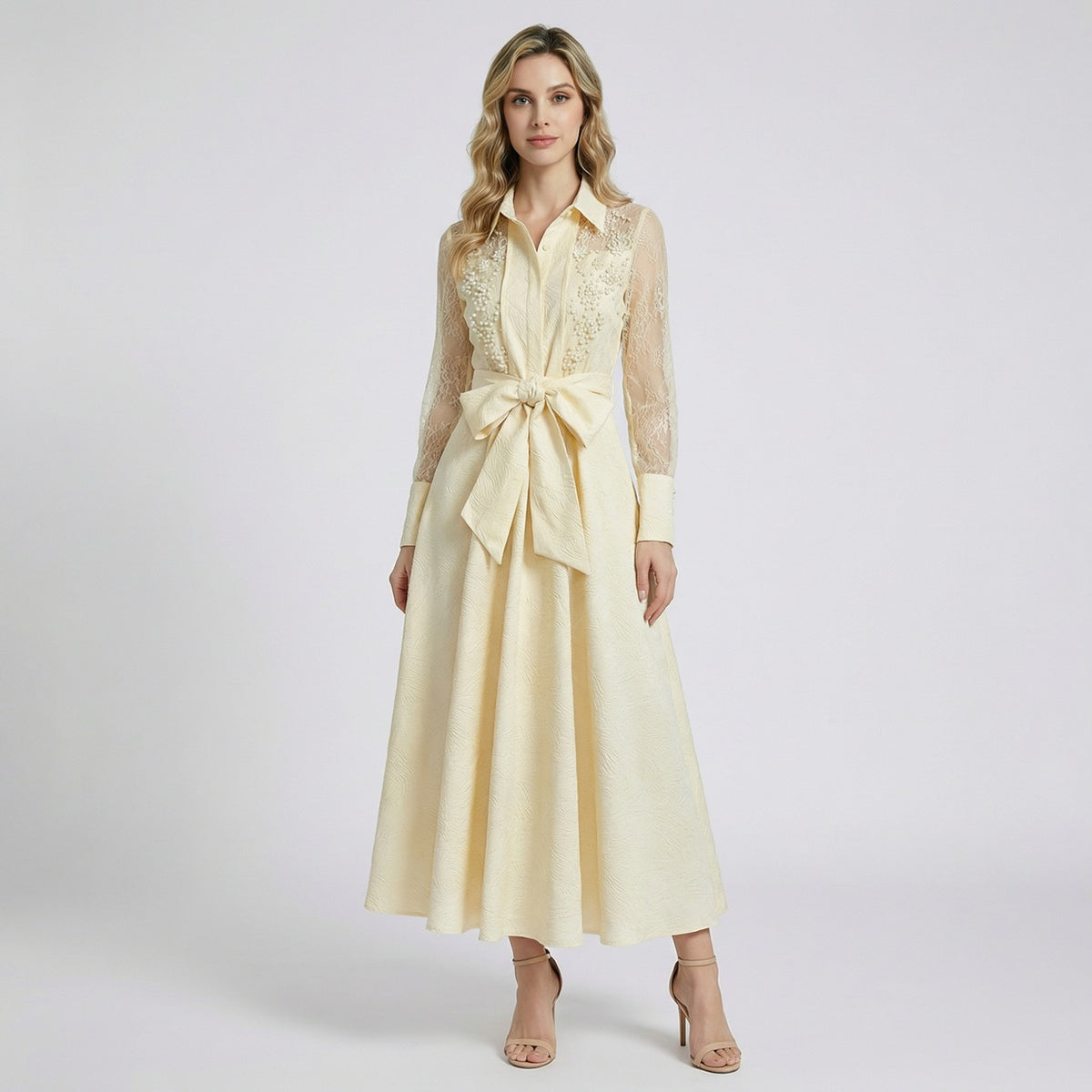 Full-length view of Monika 140cm maxi dress featuring sheer lace sleeves and textured wood-grain jacquard fabric in black and cream.