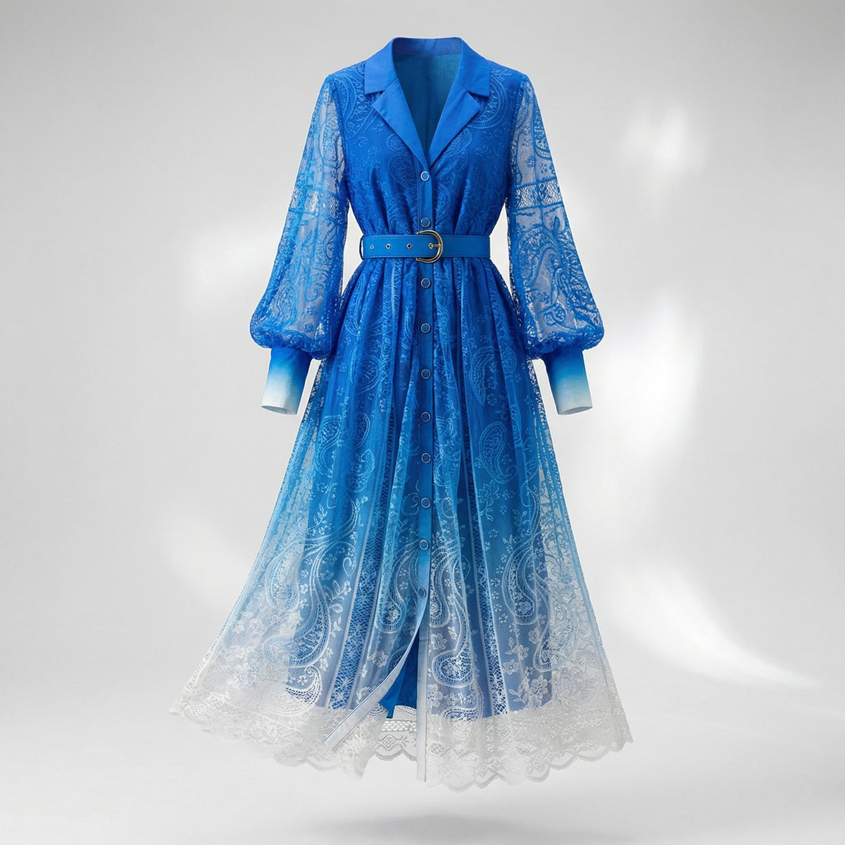 Nadia long-sleeved maxi dress in red, blue, and teal featuring paisley lace patterns, a belted waist, and 130cm floor-length hem.