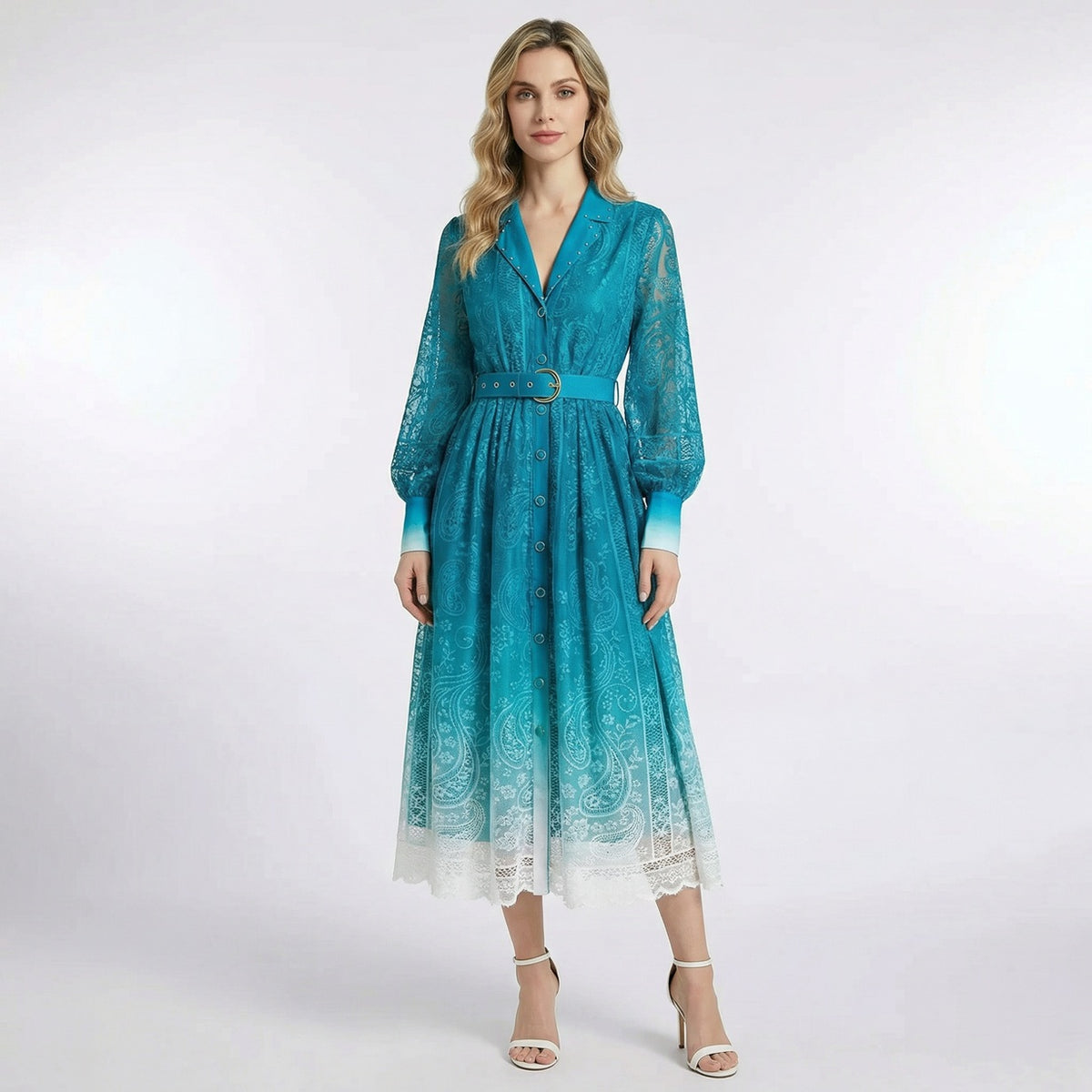 Nadia long-sleeved maxi dress in red, blue, and teal featuring paisley lace patterns, a belted waist, and 130cm floor-length hem.
