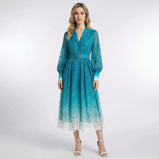 Nadia long-sleeved maxi dress in red, blue, and teal featuring paisley lace patterns, a belted waist, and 130cm floor-length hem.